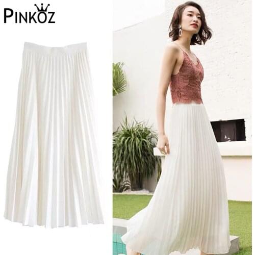 Pinkoz Spring Women Skirt Vintage Long Pleated Skirt Saias Top Brand High Waist Women Maxi Skirt Casual Saia Longa Falda Jupe