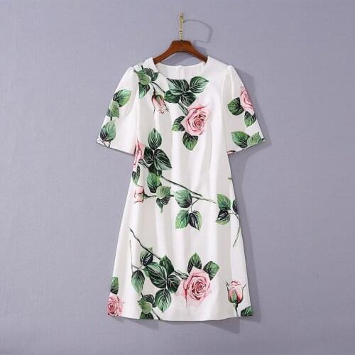 Womens European and American clothing 2021 summer new style With short sleeves Round collar Rose print fashionable dress
