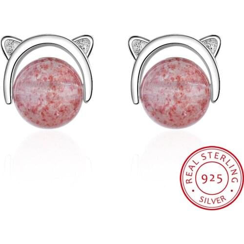 925 Real Sterling Silver Women Fashion Cute Pink Strawberry Crystal Cat Stud Earrings For Daughter Girls