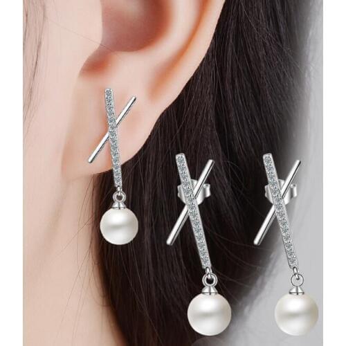 KOFSAC New Korean Charm 925 Silver Earrings For Women Shiny Zircon Geometry "X" Pearl Earring Valentines Day Fine Jewelry Gifts
