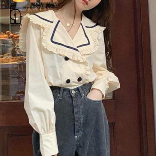 Shirts Women Vintage Patchwork Lantern Sleeve Sailor Collar European Style College Double Breasted Loose Casual Large Size