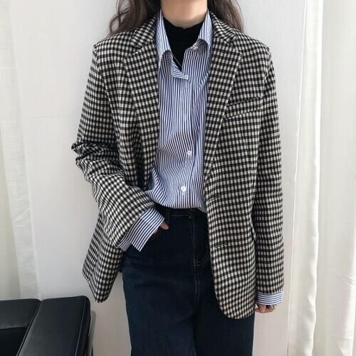 Office Ladies Autumn Jacket Women Blazer Pockets Female Retro Plaid 2021 New Casual Notched Collar Spring Suits Coat Women Tops