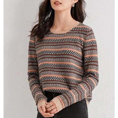 LHZSYY Color Striped Knit Women 100%Pure Wool 2020 Autumn Winter New Round Neck Loose Short Pullover Cashmere Sweater Base Shirt
