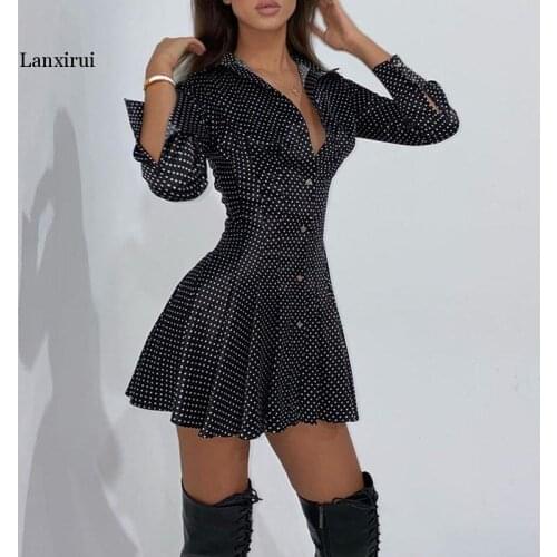 Women Dot Print Pleated Skater Dress Women Dress Shirt Turndown Collar Buttoned Design Dress