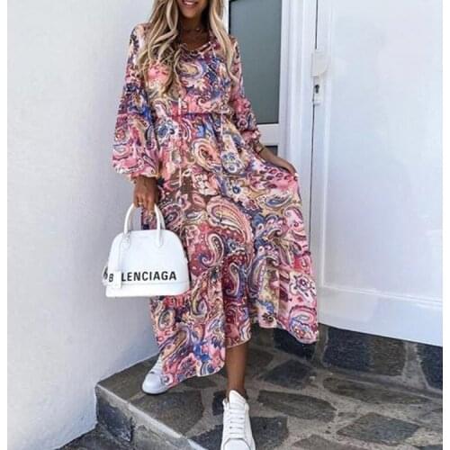 Women Spring O Neck Long Print Dress Lady Ruffles Dresses Female Sexy Long Sleeves Autumn A Line Party Maxi Vestidos 2021