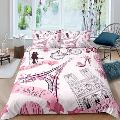 Luxury 3D Romantic Paris Eiffel Tower Print Bedding Sets 2/3Pcs Comfortable Duvet Cover Pillowcase Pink Home Decor Bedcolthes