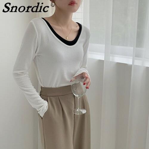 2021 Women Autumn Fake Two Piece White T-shirt U Neck Elastic Long Sleeve Tshirts Basics Pullover Tops Casual Tees