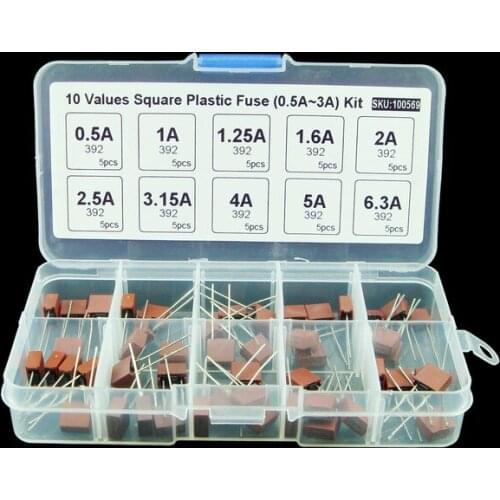 50pcs 10values Square Plastic Fuse 392 0.5A 500mA 1A 1.25A 1.6A 2A 2.5A 3.15A 4A 5A 6.3A / 250V LCD TV Power Board Fuse Kit
