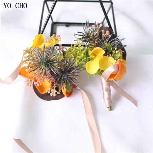 YO CHO Boutonniere Groomsman Wedding Green Plants Bridesmaid Bracelets Flowers Buttonhole Wedding Witness Marriage Accessories