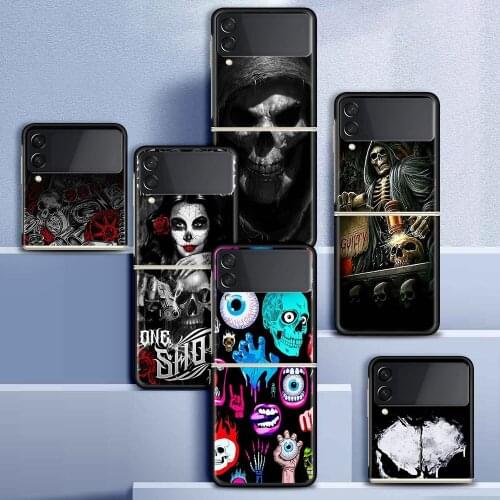 Case For Samsung Galaxy Z Flip 3 5G Funda ZFlip3 Luxury Black PC Hard Shockproof Back Phone Coque Shell Grim Reaper Skull Skelet