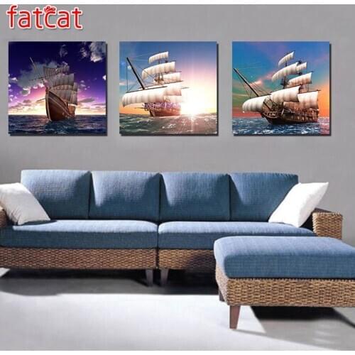 FATCAT 3 piece sets sailing boat diy diamond painting full square diamond embroidery rhinestone kit triptych home decor AE1043