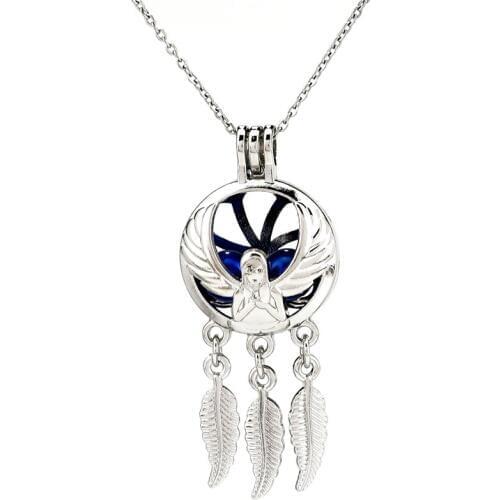 K822 Silver Alloy Dream Catcher Goddess Pearl Cage Pendant Chain Aroma Essential Oil Diffuser Locket Necklace