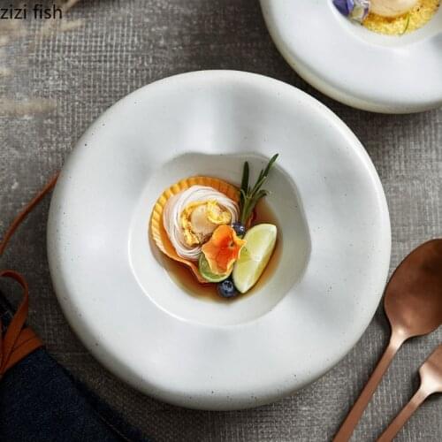 Round White Ceramic Dining Point Cake Display Disc Table Decoration Irregular Bowl Tableware Set Restaurant Kitchen Porcelain