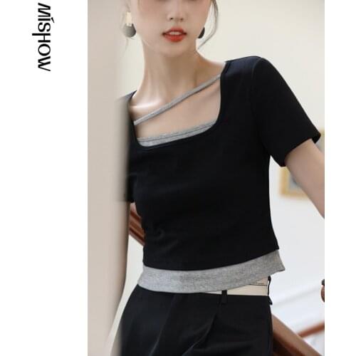 MISHOW Black T-shirt Womens Summer 2021 Cotton Knitted Hollow Sexy Slim Fake Two-piece Ins Crop Tops Hot Girls Tees MXA26T0060