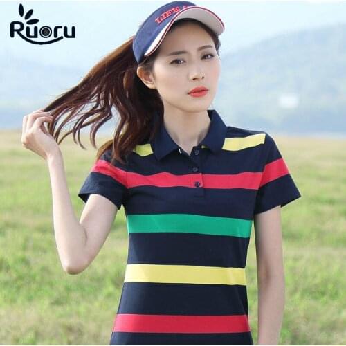 Ruoru 95% Cotton Polo Shirt Women M To 6XL Women Striped Polo Shirt Short Sleeve Summer Polo Women Casual Ladies Polo Shirts