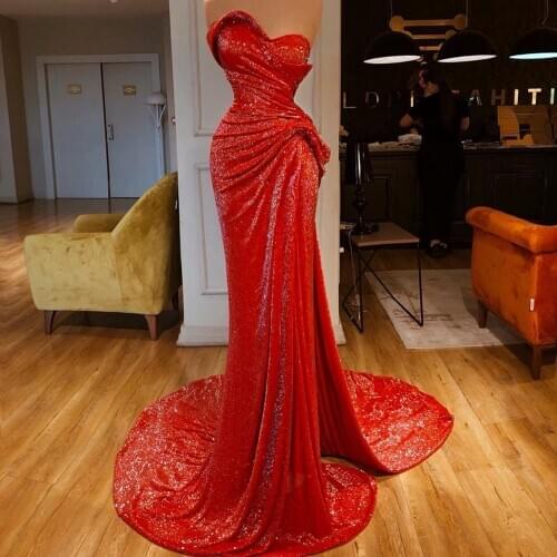 Sexy Sequined Split Evening Dresses Ruffles Formal Court Train Evening Prom Gown Elegant Mermaid Formal Gown