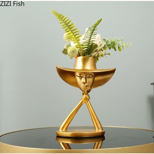Modern Girl Floral Flower Arrangement Tabletop Ornaments Portrait Statue Resin Vases Home Decoration Accessories Flowers Vase