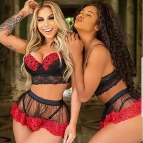 3 PCS swimwear Women Sexy Lingerie Lace Babydoll G-String Dress Thong Underwear Sleepwear