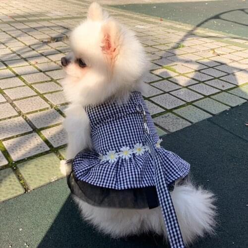 Thin Cotton Plaid Dog Dress Harness with leash Pet skirt Dog Clothes