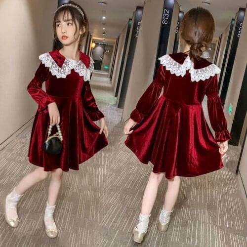 Spring Kids Dresses for Girls lacework Patchwork Korean Style Cute Girls Long Sleeve Turn-down Collar Party Princess Dresses