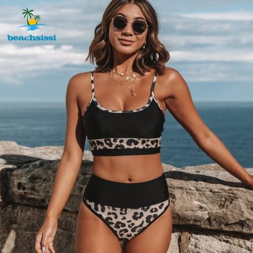 Beachsissi Womens 2021 Summer Leopard Patchwork Bikini Set New High Waisted Swimming Adjustable Straps 2 Piece Swimsuit