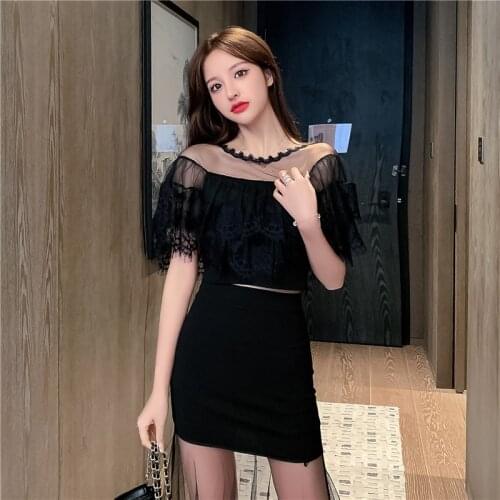 Womens Fashion Mesh Stitching Two-piece Suit Female Round Neck Solid Color Cape Sleeves Lace Short Top + Black Sexy Mesh Skirt