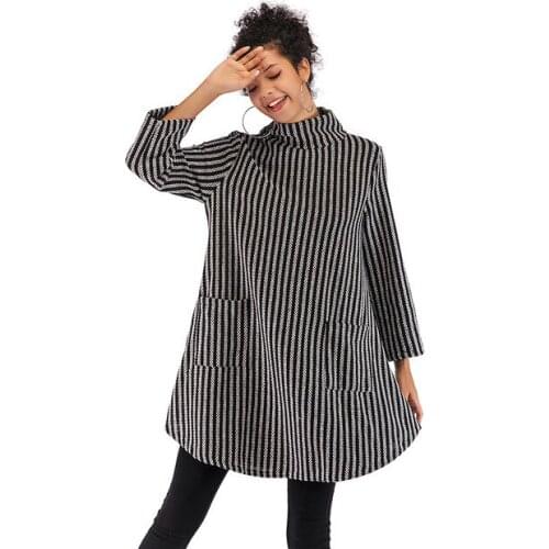 4 Colors Available Autumn Winter Women Pullovers and Sweaters Knitting Vertical Striped Turtleneck Double Pockets Woman Clothes