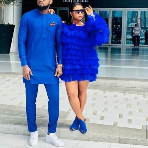 2019 African Fashion Royal Blue Tiered Tulle Mini Women Dresses Chic Ruffles Puffy Full Sleeves Short Party Dress Summer Vestido
