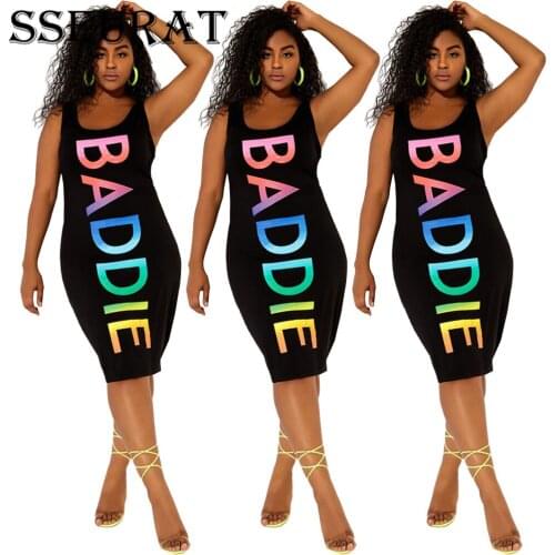 SSEURAT Women Sleeveless Letter Print Dress O Neck Bodycon Sexy Party Club Casual Summer Vestidos