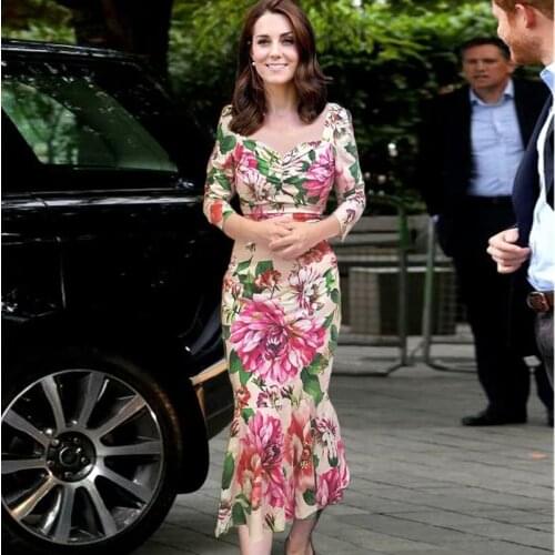 Kate dress 2021 spring new fashion pleated slim square neck long sleeve peony print dress for women