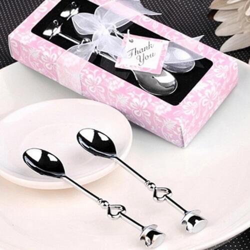 2Pcs/Set Tea Coffee Drinking Stainless Steel Spoon Teaspoon Bridal Shower Wedding Party Favor Lover Valentines Gift