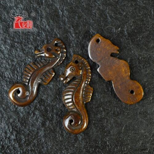 3PCS Handmade Carved Yak Bone SEA HORS Pendant Hawaii sport of surfing Style Brown Antique Beads DIY Jewelry Accessory 42mmX26mm