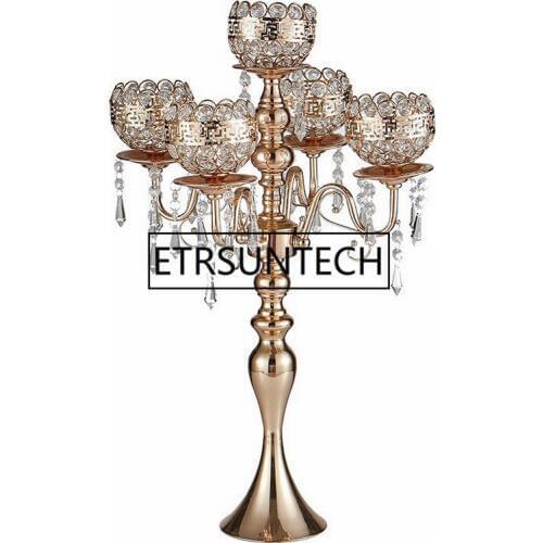 63 cm Tall 5-arms Metal Gold Candelabras With Pendants Romantic Wedding Table Candle Holder Home Decoration 10 pcs/lot