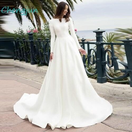 Chengjun New Arrivals Satin Long Sleeve A Line Muslim Simple Wedding Dress