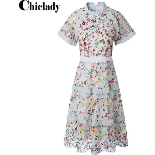 CHICLADY celebrity style summer flower embroideried cascading layered short sleeve floral dresses fairycone plus size 2xl retro