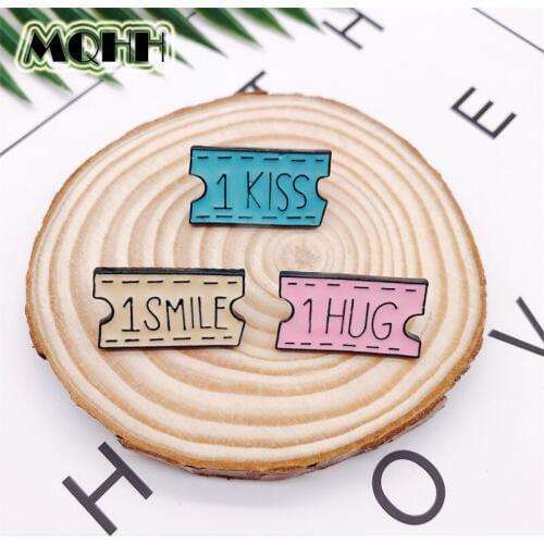 Cartoon Color Movie Ticket Enamel Brooch KISS HUG AMILE Alloy Badge Shirt Bag Pin Cute Accessories Woman Jewelry Gift For Kid