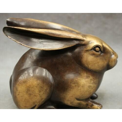 Elegant old S2384 Chinese Pure Bronze Year Zodiac Wealth JiXiang Rabbit Statue Animals Sculpture
