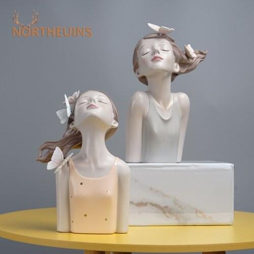 NORTHEUINS Resin Butterfly Girl Figurines Hair Fluttered Nordic Modern Creative for Home Decoration Accessories Room Decor Gift