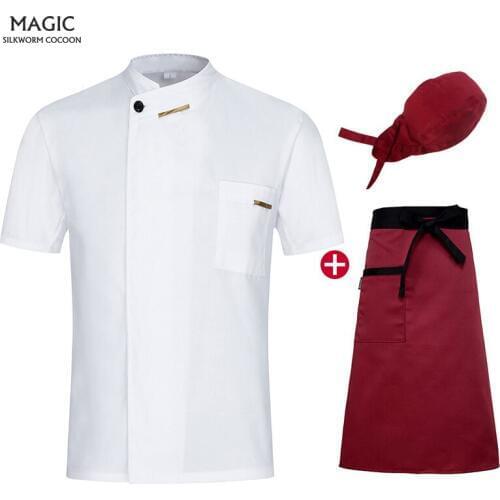 Restaurant Kitchen Chef Uniform Short Sleeve Chef Jacket Cook Coat Chef Clothes Hotel Bakery Pastry Cafe Overalls+Apron+Hat