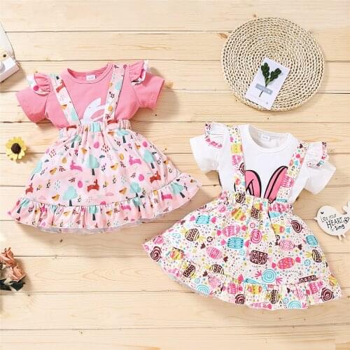 Girl’s Skirt Two Pieces Suit Cartoon Rabbit/Letter Short Sleeve T-shirt And Printing Suspender Short Skirt New Style 2021