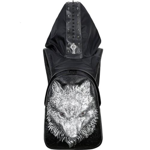 2021 Fashion Personality 3D Wolf Head Leather Backpack Rivets Rivets Backpack with Hood Cap Apparel Bag Cross Bags Hip Hop Man