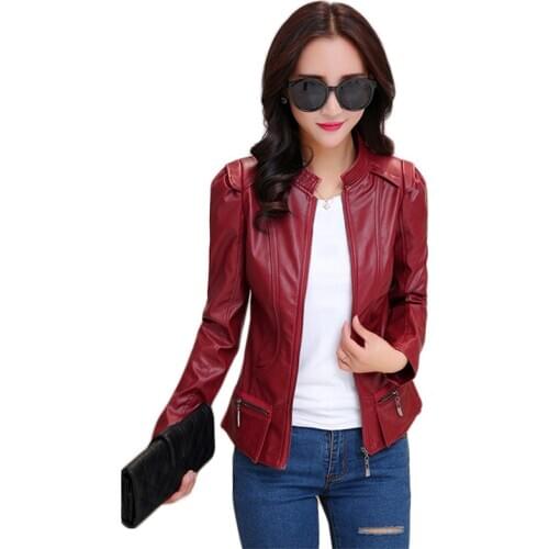 Faux leather jacket women wine red black plus size 2020 spring autumn new Korean short slim moto pu leather coat feminina LD1298