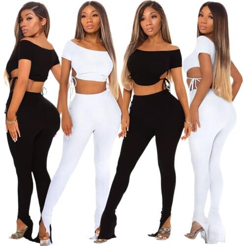Summer Lounge wear Knitted Rib Pants Suits Two Piece Set Women Sexy Off The Shoulder Bandage Crop Top Slit Flare Pants 2 Piece