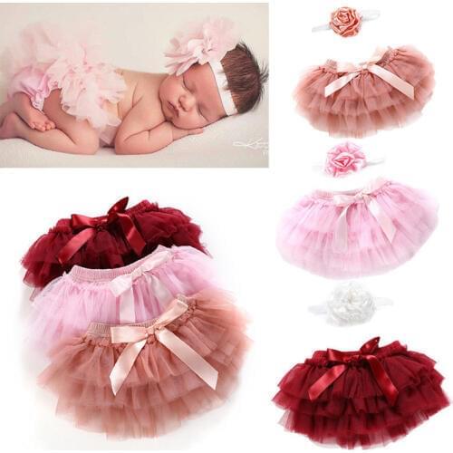 Newborn Baby Girls Layer Ballet Dance Tutu Shorts Panties Mesh Tulle Bottoms Headband Photo Props Outfit