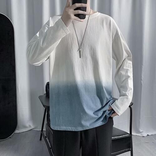 Fashion Men Gradient Long Sleeve Round Neck Breathable Loose T-shirt Blouse Gradient Loose Style All Match Mens T-shirt Male