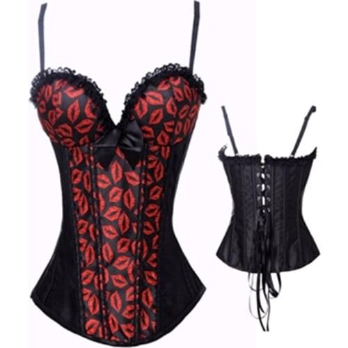 New Sexy Corset and Bustier with Cup Red Lips Sexy Corselet Gothic Clothing Modeling Strap Stain Elastic Ruffled Straps Corset