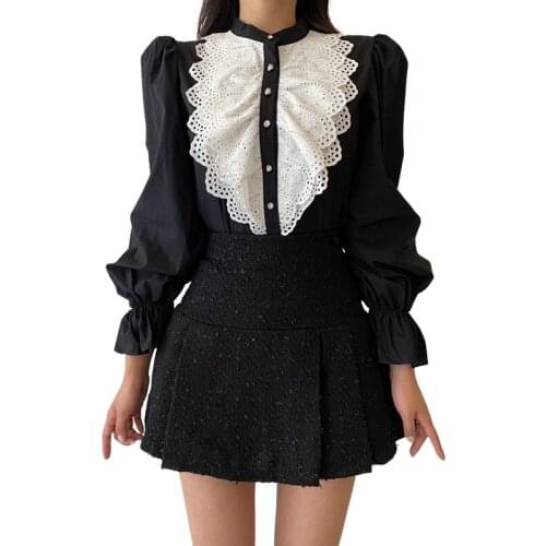 PERHAPS U Women Chiffon Vintage Lolita Style Spliced Ruffled Shirt O-Neck Pleated Lace Princess Long-Sleeves B3069