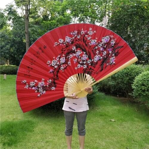 Asian Style Festive Red Plum Decoration Fan Classical Decorative Furnishings Big Folding Hand Fan Performance Props Abanicos