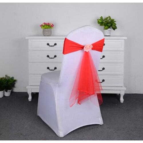 Various Colors Spandex Belt With Rose Ball Artificial Flower And Organza Chair Window Frame Wedding Chair Streamers