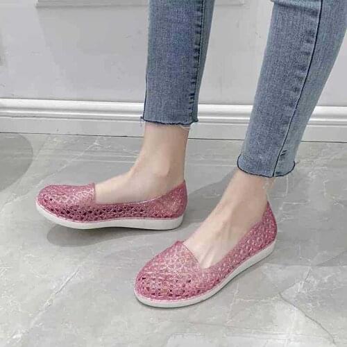 PVC Summer Women Sandals Fashion Hollow Crystal Hole Shoes Casual Soft Light Mom Shoes Beach Comfortable Breathable Rubber Flats